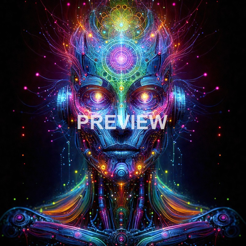 A vibrant, neon-colored digital artwork depicting a futuristic, human-like face with intricate circuitry and glowing patterns emanating from the head, set against a black background.